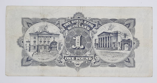 1966 The Royal Bank of Scotland UK - £1 (One) Scottish Pound Banknote P-325 Serial No. CL 281951