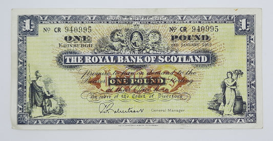 1967 The Royal Bank of Scotland UK - £1 (One) Scottish Pound Banknote P-325 Serial No. CR 940995
