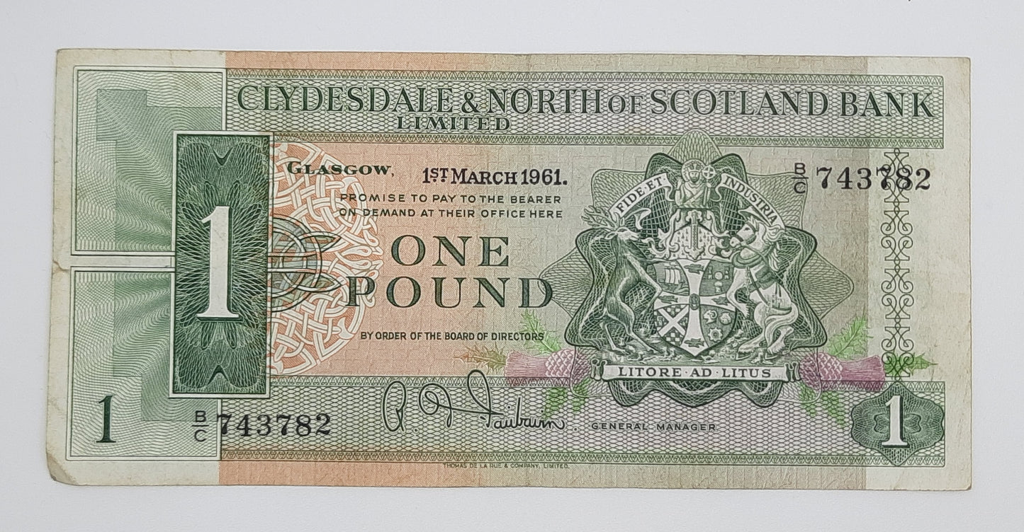 1961 Clydesdale and North of Scotland Bank Ltd UK - £1 (One) Scottish Pound Banknote P-195 Serial No. BC 743782