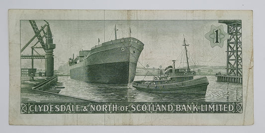 1961 Clydesdale and North of Scotland Bank Ltd UK - £1 (One) Scottish Pound Banknote P-195 Serial No. BC 743782