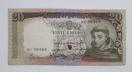 1964 Banco De PORTUGAL - 20 Portuguese Escudos Banknote Serial No. HC 96366 P-167