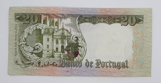 1964 Banco De PORTUGAL - 20 Portuguese Escudos Banknote Serial No. HC 96366 P-167