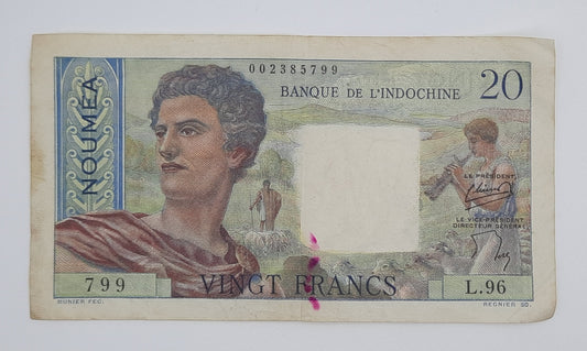 1954 French Pacific Territories New Caledonia Banque De L'Indochine - 20 Francs Banknote P-50b