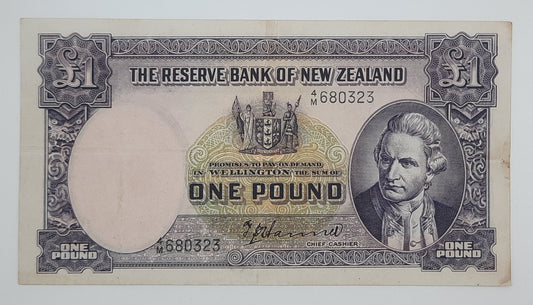 1940 Reserve Bank of New Zealand - 1 (One) Pound Banknote P-159a Serial No. 4M 680323