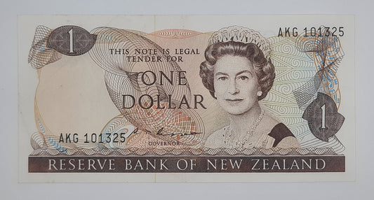 1985 Reserve Bank of New Zealand - $1 (One) NZD Dollar Banknote Serial No. AKG 101325 P-169b