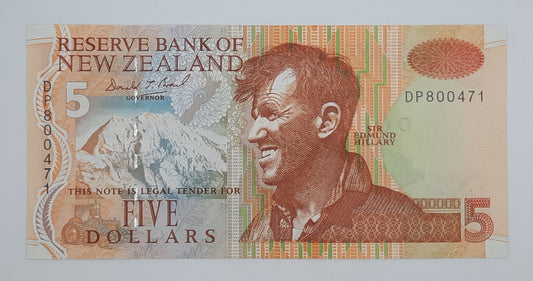 1995 (1992)- Reserve Bank of New Zealand - $5 (Five) NZD Dollars Banknote Serial No. DP 800471 P-177b Sir Edmund Hillary & Campbell Island