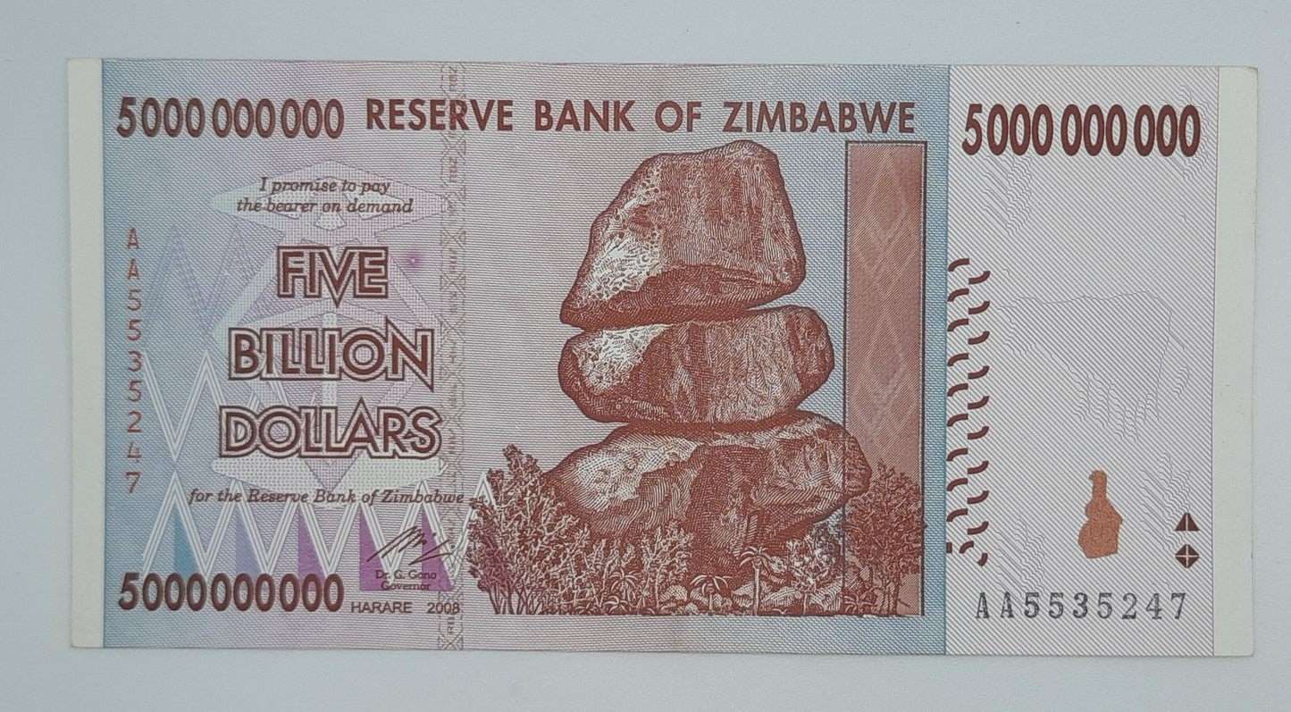 2008 Reserve Bank of Rhodesia, Zimbabwe - 5 Billion Dollars Banknote Serial No. AA 5535247 P-84