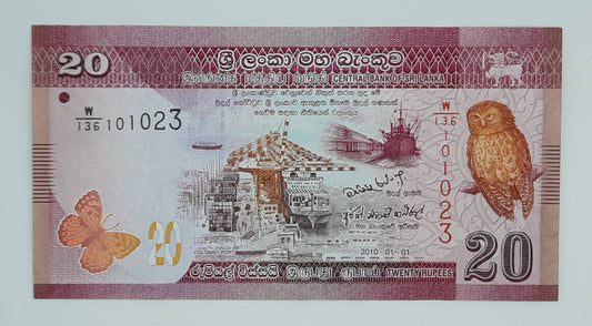 2010 Centra Bank of Sri Lanka - 20 Rupees Banknote P-123a Serial No. W136 101023