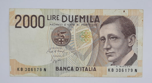 1990 Banca D'Italia, Italy - 2000 Italian Lire ITL Banknote P-115 Serial No. KB 306179 N