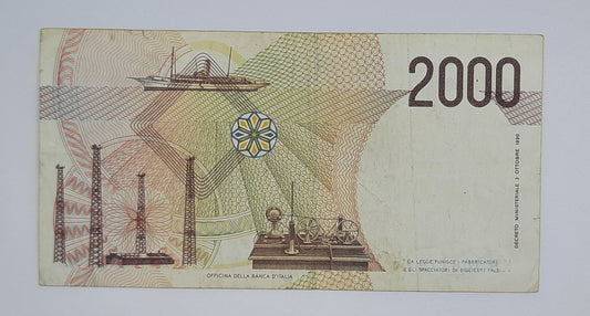 1990 Banca D'Italia, Italy - 2000 Italian Lire ITL Banknote P-115 Serial No. KB 306179 N