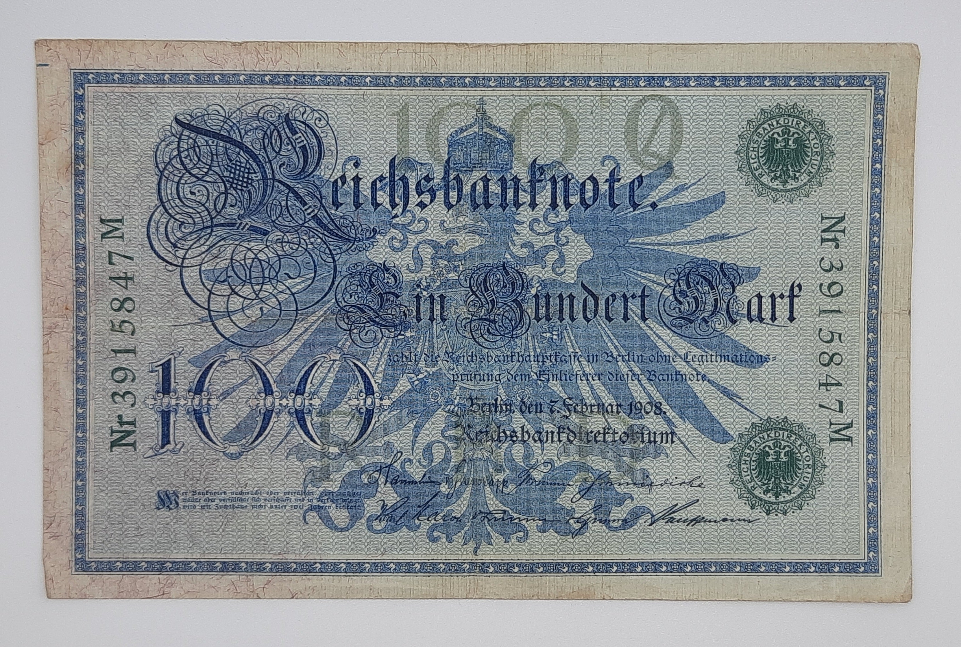 1908 Germany, German 2nd Empire (Kaiserreich) - 100 German Mark Bankno ...