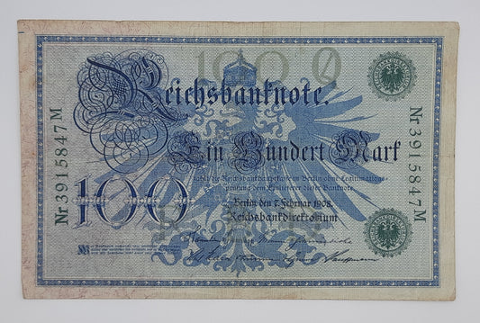 1908 Germany, German 2nd Empire (Kaiserreich) - 100 German Mark Banknote P-34a