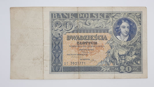 1931 Bank Polski, Poland - 20 Polish Zlotych PLN Banknote Serial No. DI 5925771 P-73