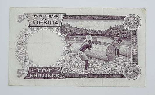 1965 Federal Republic of Nigeria - 5 Nigerian Shillings Banknote P-6 Serial No. A17 354562