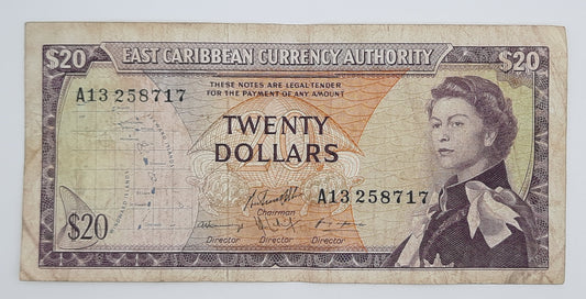 1965 Eastern Caribbean Currency Authority - 20 XCD Dollars Banknote Serial No. A13 258717 P-15