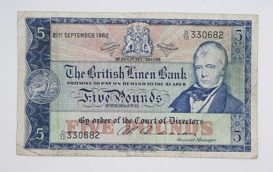 1962 The British Linen Bank, Scotland UK - £5 Scottish Pounds Banknote P-170 Serial No. D12 330682
