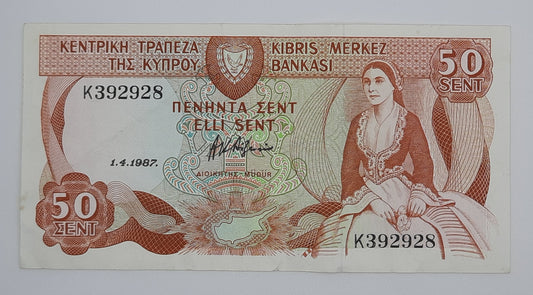 1987 Central Bank of Cyprus - 50 (Fifty) Cypriot Sent / Cents Banknote Serial No. K 392928