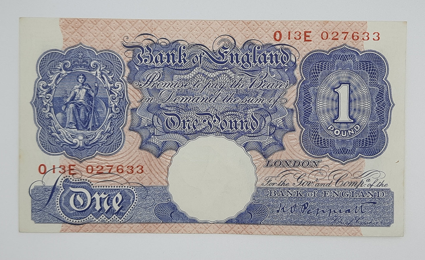 1940 Bank of England, UK - £1 (One) British Pound Banknote P-367 Serial No. O13E 027633