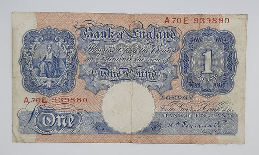 1940 Bank of England, UK - £1 (One) British Pound Banknote P-367 Serial No. A70E 939880