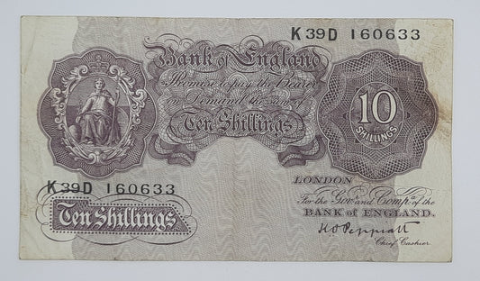 1940 Bank of ENGLAND, UK - 10 /- (Ten) British Shillings Banknote Serial No. K39D 160633 P-366