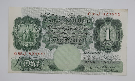 1955 Bank of ENGLAND, UK - £1 (One) British Pound Banknote Serial No. O85J 829892 B369b