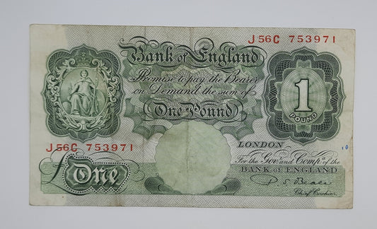 1950 Bank of ENGLAND, UK - £1 (One) British Pound Banknote Serial No. J56C 753971 B369a