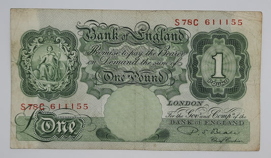 1950 Bank of ENGLAND, UK - £1 (One) British Pound Banknote Serial No. S78C 611155 B369a