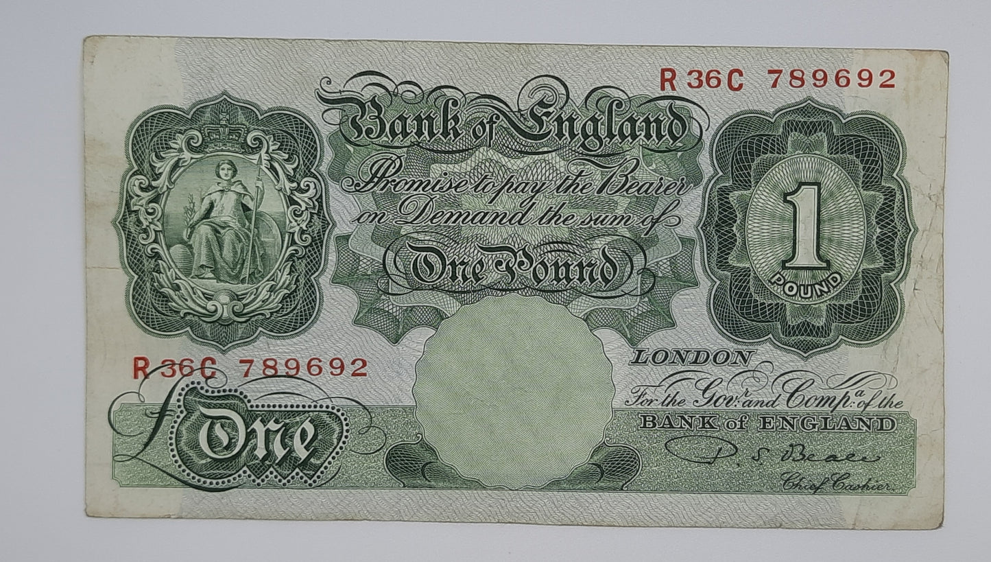 1950 Bank of ENGLAND, UK - £1 (One) British Pound Banknote Serial No. R36C 789692 B369a
