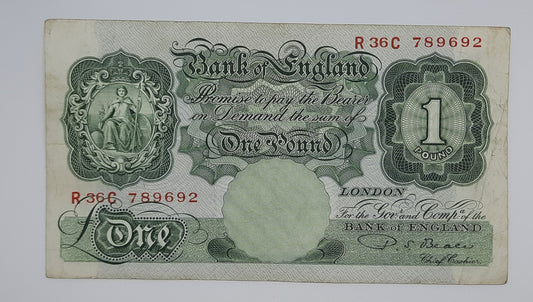 1950 Bank of ENGLAND, UK - £1 (One) British Pound Banknote Serial No. R36C 789692 B369a