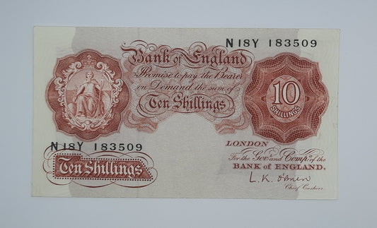 1955 Bank of ENGLAND, UK - 10 /- (Ten) British Shillings Banknote Serial No. N18Y 183509 B-271
