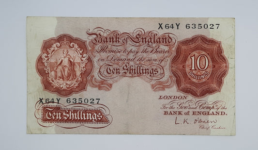 1955 Bank of ENGLAND, UK - 10 /- (Ten) British Shillings Banknote Serial No. X64Y 635027 B-271