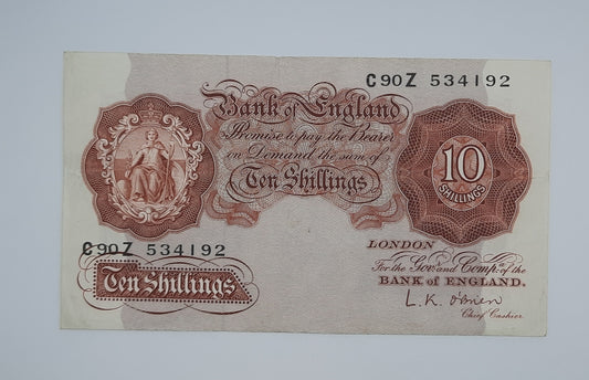 1955 Bank of ENGLAND, UK - 10 /- (Ten) British Shillings Banknote Serial No. C90Z 534192 B-271