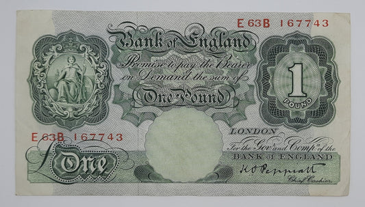1948 Bank of ENGLAND, UK - £1 (One) British Pound Banknote Serial No. E63B 167743 P-369a
