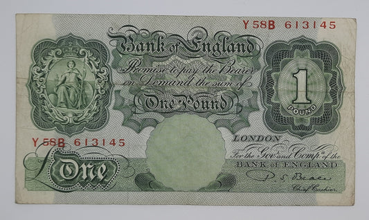 1950 Bank of ENGLAND, UK - £1 (One) British Pound Banknote Serial No. Y58B 613145