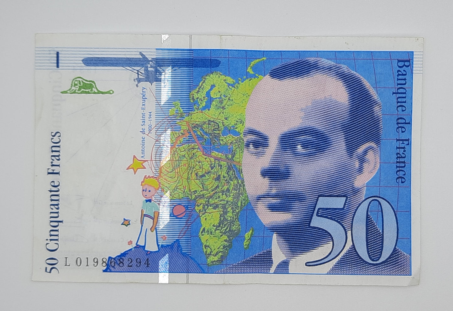 1994 Banque De France - 50 (Fifty) French Francs Banknote Serial No. L 019868294 P-157 Antoine de Saint‑Exupéry