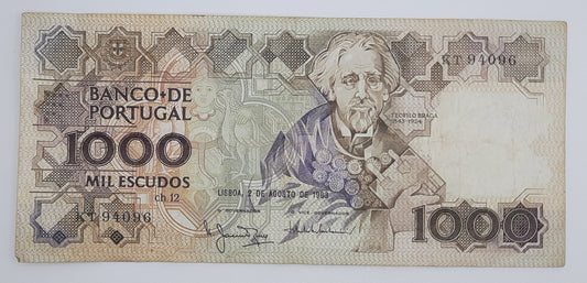 1983 Banco De PORTUGAL - 1000 Portuguese Escudos Banknote Serial No. KT 94096 P-181a