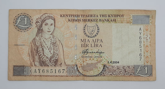 2004 Central Bank of Cyprus - 1 (One) Cypriot Pound Banknote P-60d Serial No. AY 685167