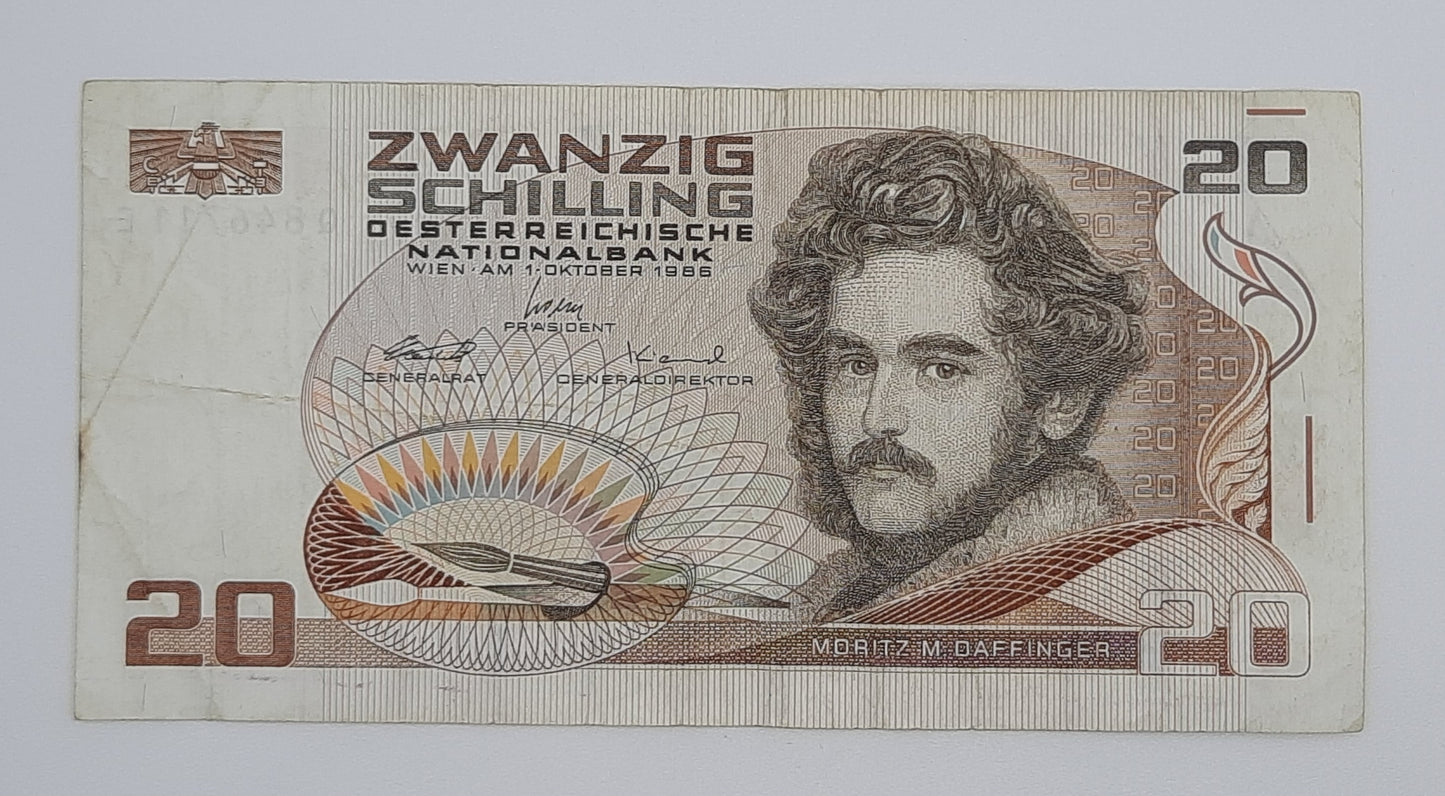 1986 Austria, Austrian National Bank - 20 Austrian Schilling Banknote P-151a Serial No. Q 846711 E