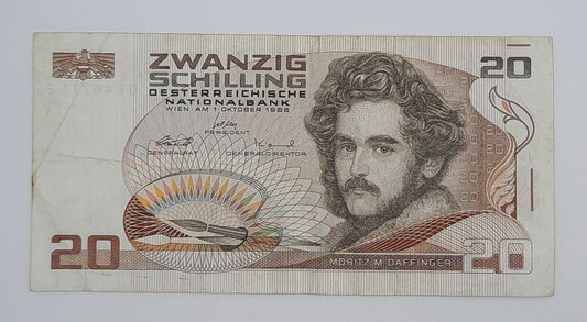 1986 Austria, Austrian National Bank - 20 Austrian Schilling Banknote P-151a Serial No. Q 846711 E