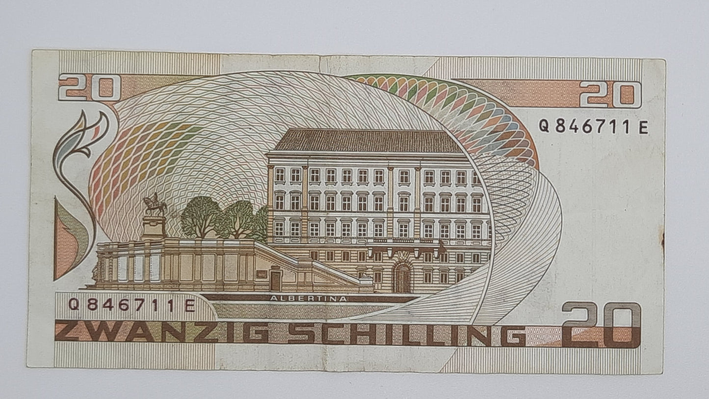 1986 Austria, Austrian National Bank - 20 Austrian Schilling Banknote P-151a Serial No. Q 846711 E