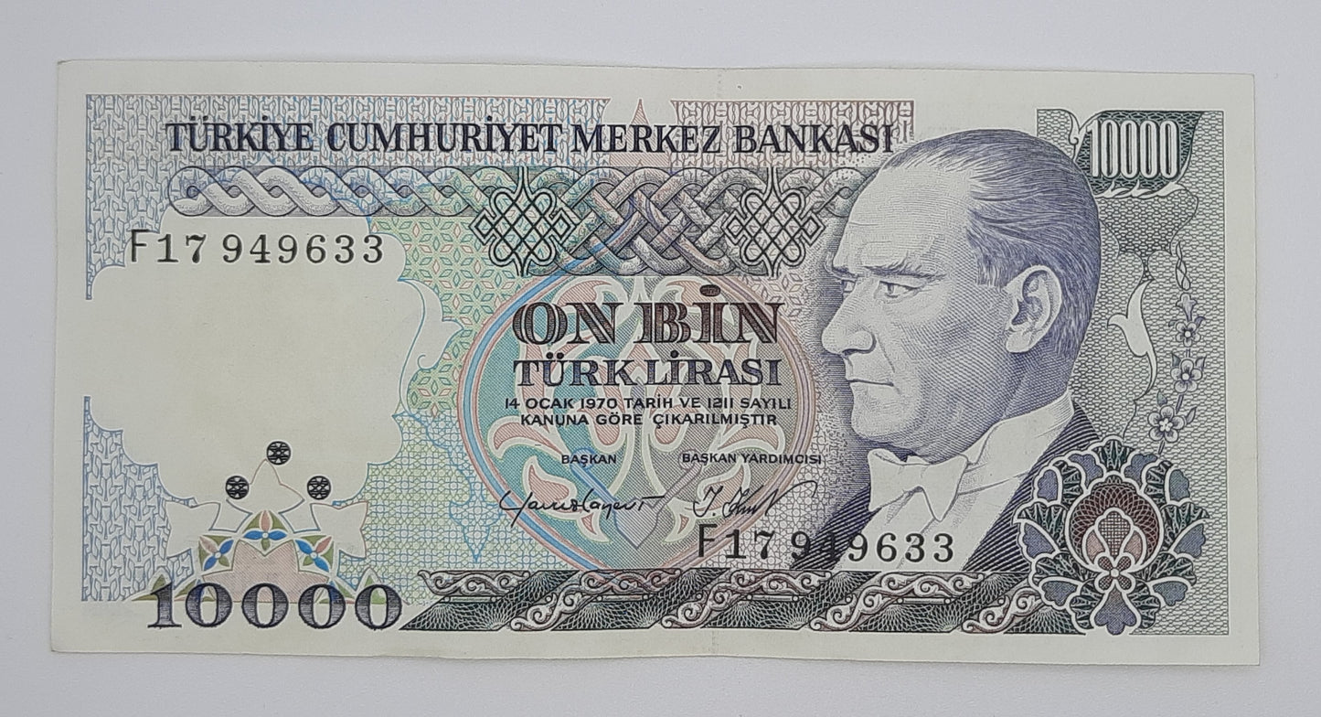1984 Central Bank of TURKEY Turkiye - 10000 Lira Banknote Serial No. F17 949633 P-199b Atatürk, Mimar Sinan & Selimiye Mosque