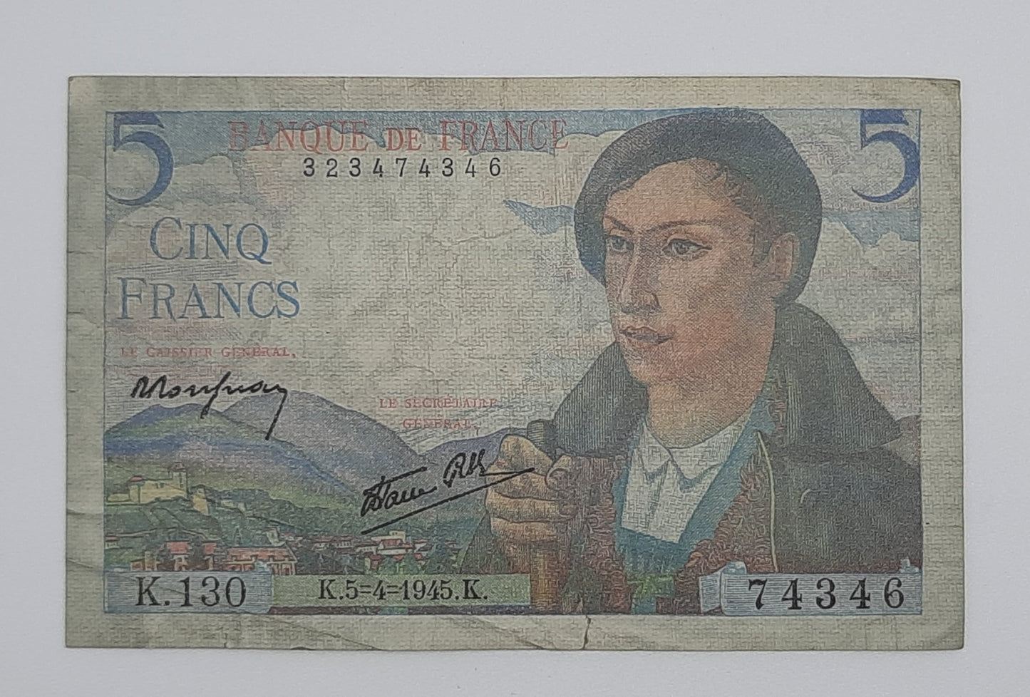 1945 Banque De France - 5 (Five) French Francs Banknote P-98a Serial No. K130 74346 P-98a