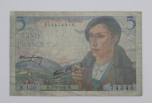 1945 Banque De France - 5 (Five) French Francs Banknote P-98a Serial No. K130 74346 P-98a