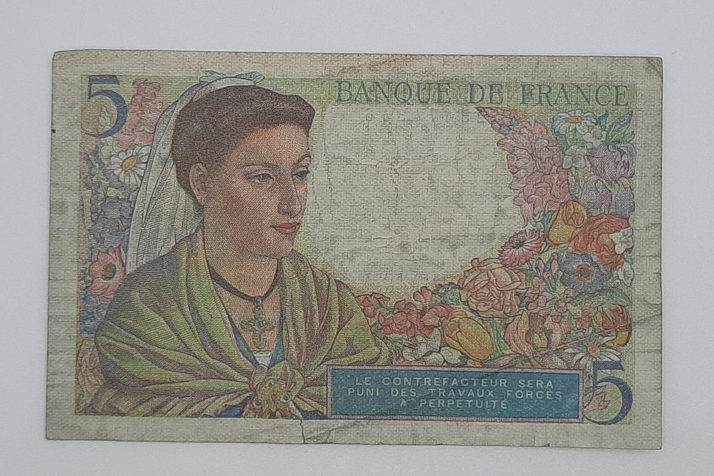 1945 Banque De France - 5 (Five) French Francs Banknote P-98a Serial No. K130 74346 P-98a