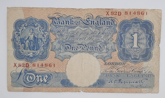 1940 Bank of England, UK - £1 (One) British Pound Banknote P-367 Serial No. X82D 814861