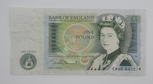 1981 Bank of ENGLAND, United Kingdom - £1 (One) British Pound Banknote Somerset Serial No. CW05 847274