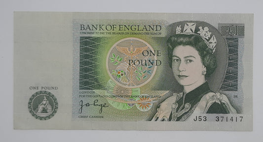 1978 Bank of ENGLAND, UK - £1 (One) British Pound Banknote Serial No. J53 371417 P-377a