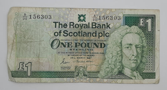 1987 The Royal Bank of Scotland UK - £1 (One) Scottish Pound Banknote P-356 Serial No. A30 156303