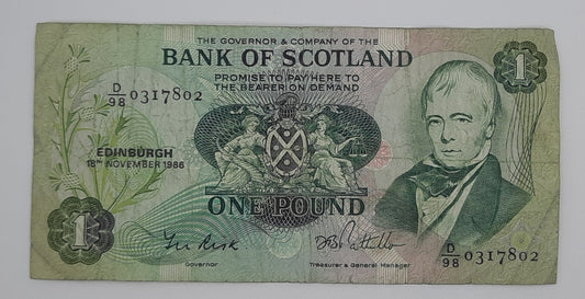 1986 The Bank of Scotland UK - £1 (One) Scottish Pound Banknote Serial No. D98 0317802 P-111