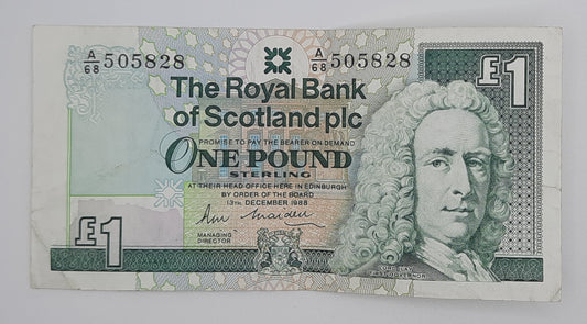 1988 The Royal Bank of Scotland UK - £1 (One) Scottish Pound Banknote P-356 Serial No. A68 505828
